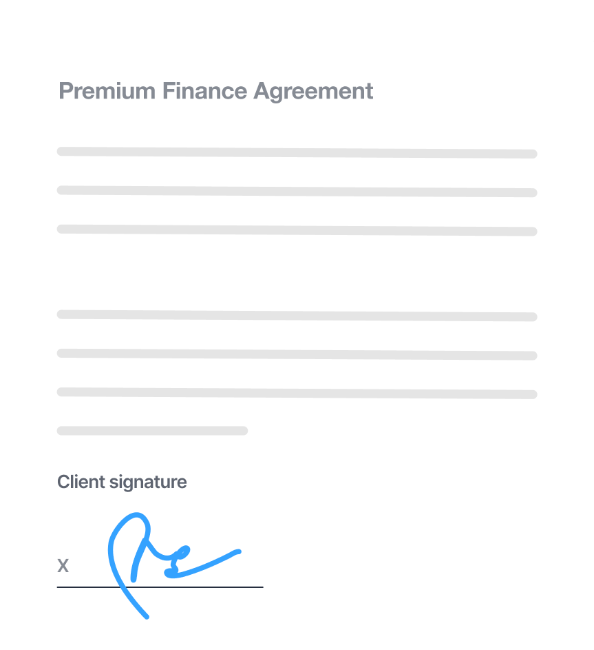 mockup of premium finance agreement with blue signature